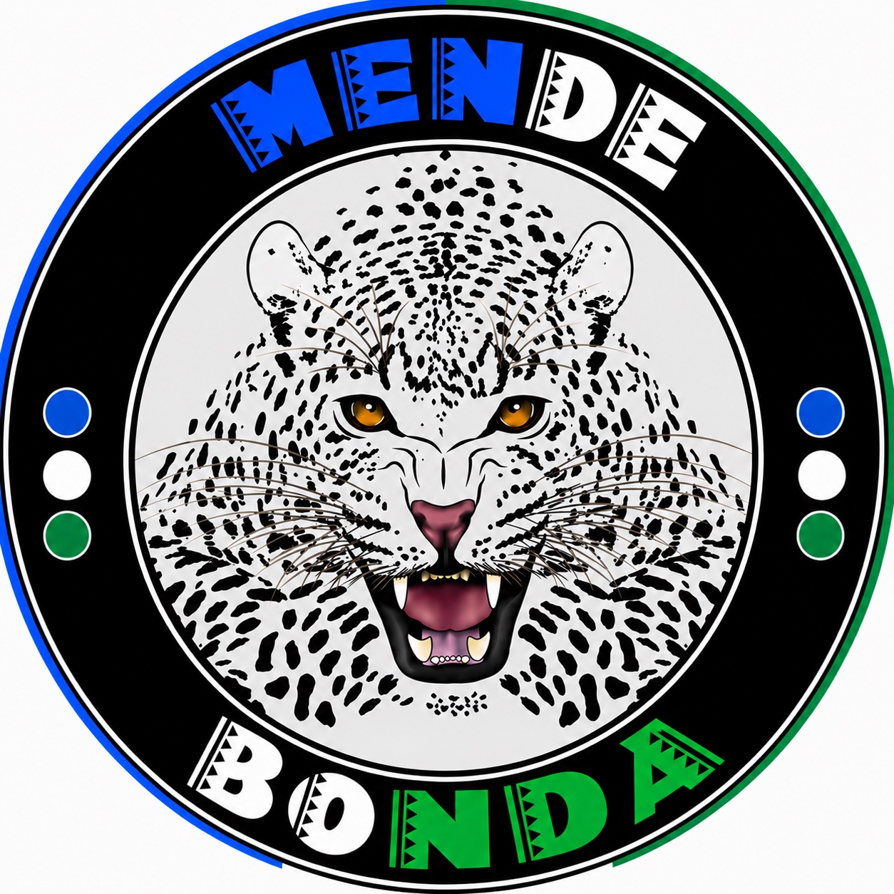 Mende Bonda seal featuring a white leopard and the colors blue, white, and green